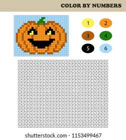 Color by numbers, education game for children. Coloring book with numbered squares. Drawing kids activity. Pumpkin.
