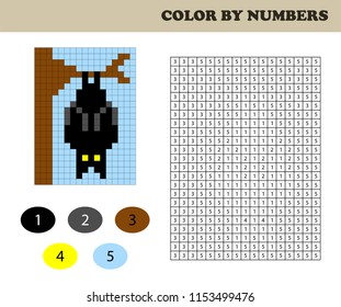 Color by numbers, education game for children. Coloring book with numbered squares. Drawing kids activity. Bat.