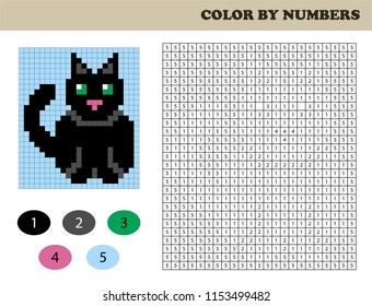 Color by numbers, education game for children. Coloring book with numbered squares. Drawing kids activity. Black cat.
