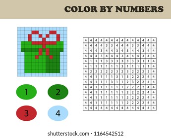 Color by numbers, education game for children. Coloring book with numbered squares. Christmas gift box.