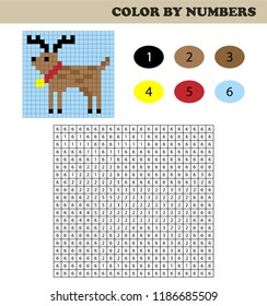 Color by numbers, education game for children. Coloring book with numbered squares. Christmas. Deer.