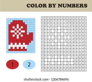 Color by numbers, education game for children. Coloring book with numbered squares. Christmas. Mittens.