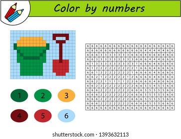 Color by numbers, education game for children. Coloring book with numbered squares. Bucket with shovel.