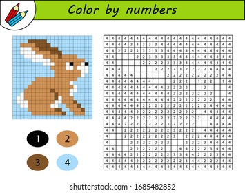 Color by numbers, education game for children. Coloring book with numbered squares. Drawing kids activity. Easter rabbit.