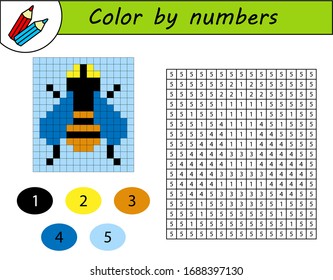 Color by numbers, education game for children. Coloring book with numbered squares. Drawing kids activity. Insect. Fly