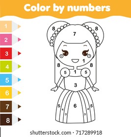 Color by numbers educational children game. Coloring page for kids. Cute princess. Printable drawing activity