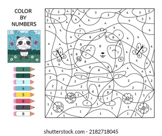 Color by numbers. Educational game for preschool kids. Cute cartoon panda with flowers and butterflies. Learn numbers. Puzzle for children. Vector illustration for coloring book.