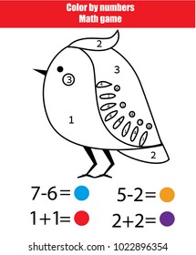 Color by numbers. Educational Mathematics game. Coloring page with bird Learning addition and subtraction