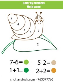 Color by numbers. Educational Mathematics game. Coloring page with snail Learning addition and subtraction