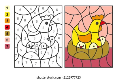 Color by numbers farm animal, chicken on the nest. Puzzle game for children education. Numbers and colors for drawing and learning mathematics