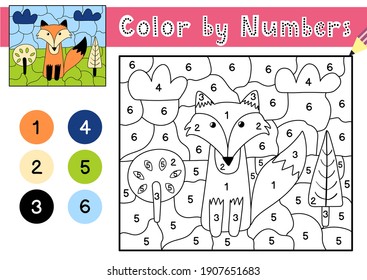 Color by numbers game for kids. Coloring page with a cute fox in the forest. Printable worksheet with solution for school and preschool. Learning numbers activity. Vector illustration