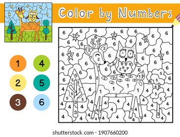 Color by numbers game for kids. Coloring page with a cute deer and owl. Printable worksheet with solution for school and preschool. Learning numbers activity. Vector illustration