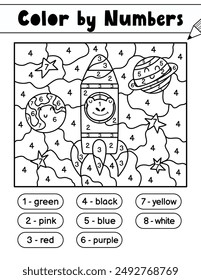 Color by numbers game for kids. Space coloring page with a frog in rocket. Printable worksheet for school and preschool. Learning numbers activity. Vector illustration