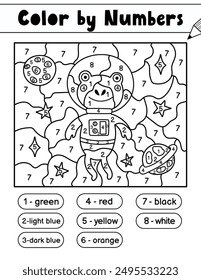 Color by numbers game for kids. Space coloring page with a frog astronaut. Printable worksheet for school and preschool. Learning numbers activity. Vector illustration