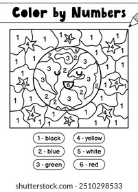 Color by numbers game for kids. Space coloring page with cute planet Earth. Printable worksheet for school and preschool. Learning numbers activity. Vector illustration