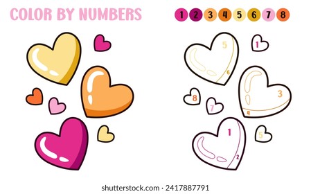 Color by numbers hearts. Printable game for children education. Coloring page for kids, drawing activity, learning colors