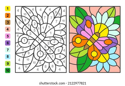 Color by numbers insect butterfly on a flower. Puzzle game for children education, colors for drawing and learning mathematics