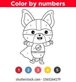 Color by numbers. Kawaii dog dressed up superheroes costume. French bulldog puppy. Educational game for children.