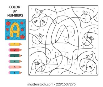 Color by numbers. Learn ABC. Letter A and apples. Kawaii cartoon food. Children educational game. Worksheet for children. Printable worksheet. Vector illustration.