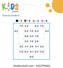 Color by numbers. Mathematical pixel puzzle. Easy colorful worksheet with addition and subtraction, for children in preschool, elementary and middle school.