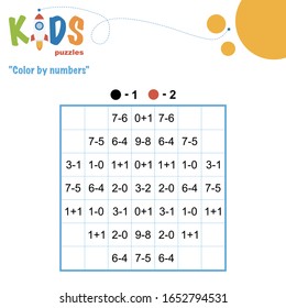 Color by numbers. Mathematical pixel puzzle. Easy colorful worksheet with addition and subtraction, for children in preschool, elementary and middle school.