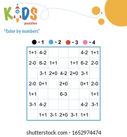 Color by numbers. Mathematical pixel puzzle. Easy colorful worksheet with addition and subtraction, for children in preschool, elementary and middle school.