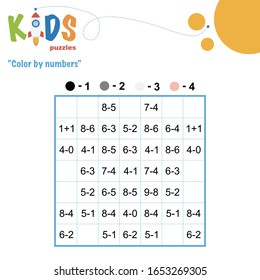 Color by numbers. Mathematical pixel puzzle. Easy colorful worksheet with addition and subtraction, for children in preschool, elementary and middle school.