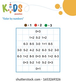 Color por números. Rompecabezas de píxeles matemáticos. Hoja de cálculo de color fácil con adición y sustracción, para niños en preescolar, primaria y secundaria.