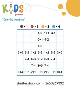 Color by numbers. Mathematical pixel puzzle. Easy colorful worksheet with addition and subtraction, for children in preschool, elementary and middle school.