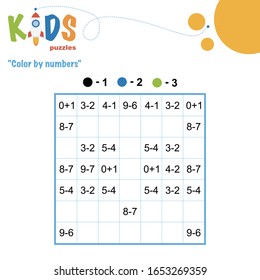 Color by numbers. Mathematical pixel puzzle. Easy colorful worksheet with addition and subtraction, for children in preschool, elementary and middle school.