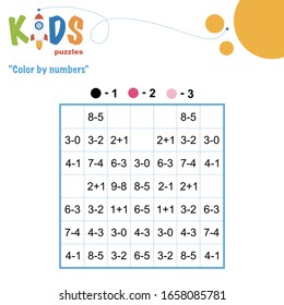 Color por números. Rompecabezas de píxeles matemáticos. Hoja de cálculo sencilla con adición y sustracción para los niños de preescolar, elemental y media escuela.