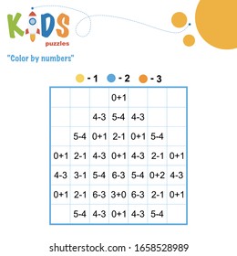 Color by numbers. Mathematical pixel puzzle. Easy colorful worksheet with addition and subtraction, for children in preschool, elementary and middle school.