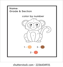 Color by numbers monkey. Puzzle game for children education, colors for drawing and learning mathematics