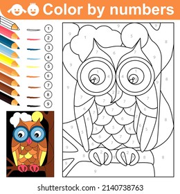 Color by Numbers. Owl on a tree branch at night. Coloring puzzle with numbers for kids. Coloring page. Bird at nature. Worksheet at school, home. Sketch  vector illustration. Printable page