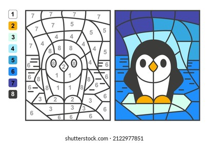 Color By Numbers Penguin On An Iceberg. Puzzle Game For Children Education, Colors For Drawing And Learning Mathematics