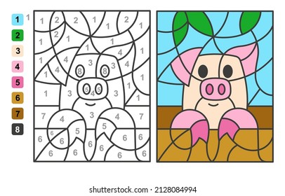 Color by numbers pig Animal. Puzzle game for children education, colors for drawing and learning mathematics