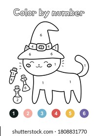 Color by numbers for preschool children. Cute Halloween cat with witch hat and potions. Kawaii cartoon character. Educational worksheet.