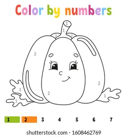 Color by numbers pumpkin. Coloring book for kids. Vegetable character. Vector illustration. Cute cartoon style. Hand drawn. Worksheet page for children. Isolated on white background.