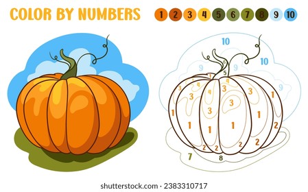 Color por números calabaza. Juego para la educación de los niños. Hoja de trabajo para niños. Actividad para el día de Acción de Gracias, aprendizaje de verduras