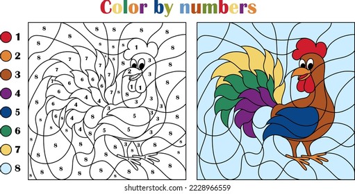 Color by numbers. Puzzle game for children education. Numbers and colors for drawing and learning mathematics. Vector cock