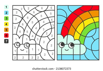 Color by numbers rainbow and clouds. Puzzle game for children education, colors for drawing and learning mathematics