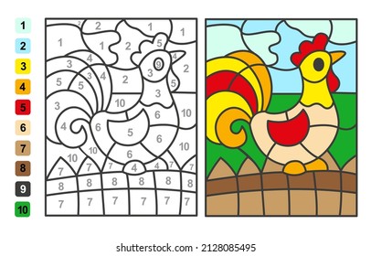 Color by numbers rooster bird. Puzzle game for children education, colors for drawing and learning mathematics