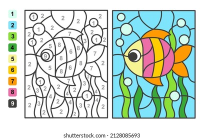 Color by numbers sea and ocean life. Puzzle game for children education, colors for drawing and learning mathematics