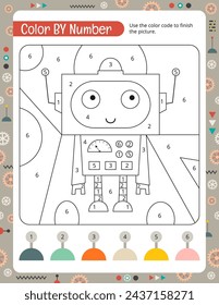 Color by numbers sheet – Little robot. Robots activities for kids. Logic games for children. Coloring page. Vector illustration.