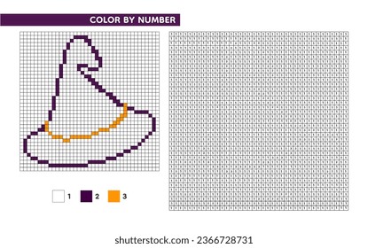 Color by numbers. Simple coloring book for kids. Coloring book with numbered squares. Coloring cell areas. Copy the picture. Draw by witch hat. Educational game for children. Visual game. Pixel art.