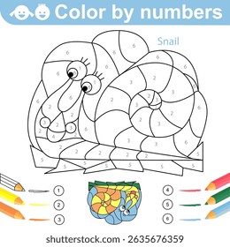 Color by Numbers. Snail. Coloring puzzle with numbers for kids. Coloring page. Worksheet at school, home. Sketch vector illustration