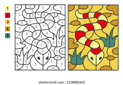 Color by numbers snake, reptile. Puzzle game for children education, colors for drawing and learning mathematics