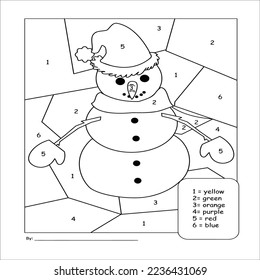 Color by numbers snowman. Puzzle game for children education, colors for drawing and learning mathematics