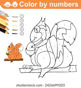 Color by Numbers. Squirrel. Coloring page. Coloring puzzle with numbers for kids. Worksheet at school, home. Sketch vector illustration