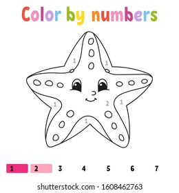 Color by numbers starfish. Coloring book for kids. Sea character. Vector illustration. Cute cartoon style. Hand drawn. Worksheet page for children. Isolated on white background.